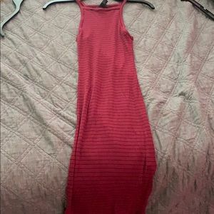 tight maroon knee length striped dress